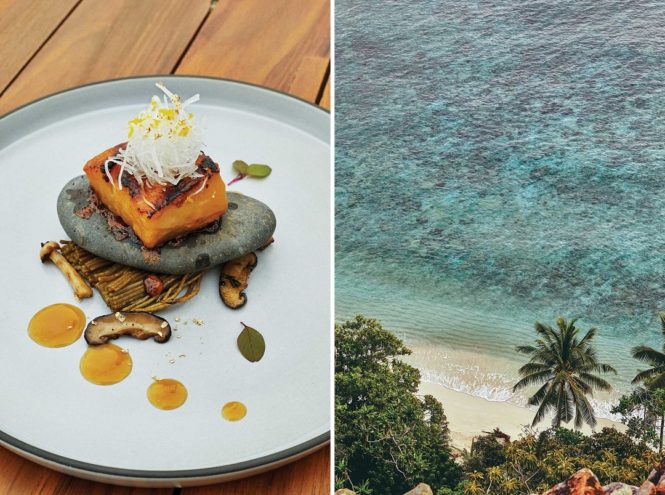 Miso-marinated barracuda served on a hot stone with crisp soba noodles and daikon, at Tree Tops; one of the 13 beaches at Bawah Reserve.