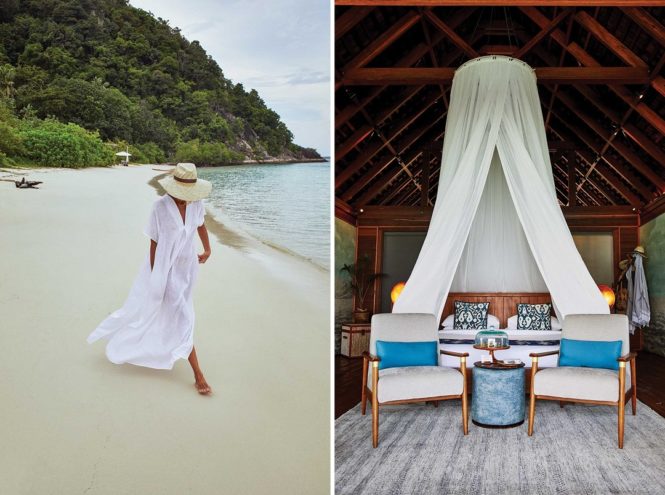A visit to Coconut Beach on the far side of Bawah Island, where guests can enjoy secluded picnics; inside an overwater bungalow.