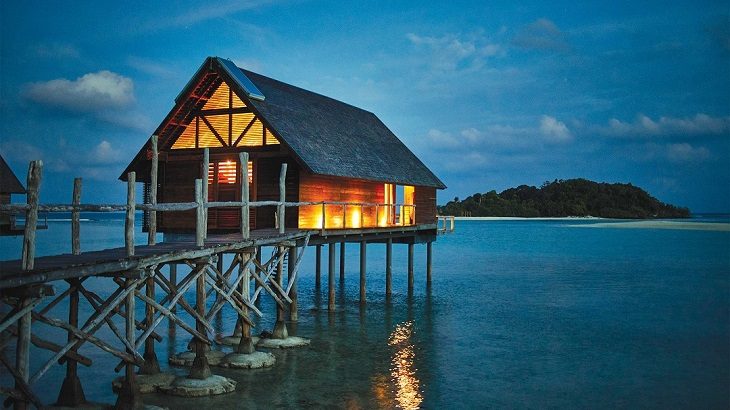 An overwater bungalow at Bawah Reserve, a private-island resort in the Riau Archipelago.