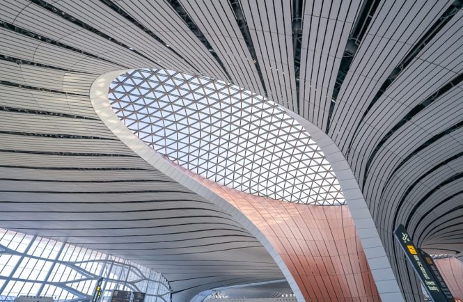 Inside the Zaha Hadid–designed terminal at Beijing Daxing International Airport.