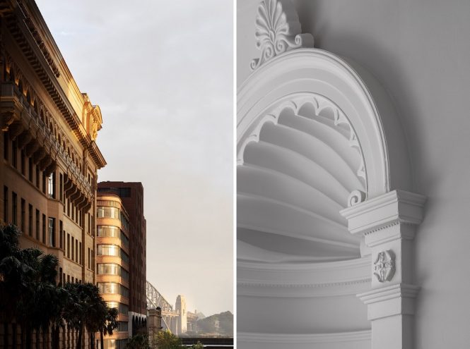 Left to right: Capella Sydney’s Young Street facade; an Edwardian Baroque detail at the hotel.