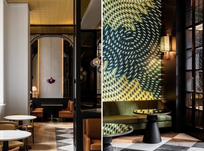 Left to right: Inside Brasserie 1930; a nook at McRae Bar.