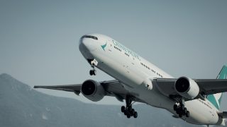 A Cathay Pacific Boeing 777 takes off from Hong Kong International Airport.