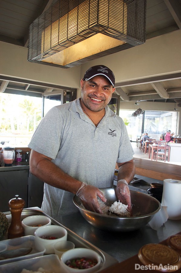 The resort's head chef Talala Tupou preparing a ceviche-like dish of kokoda.