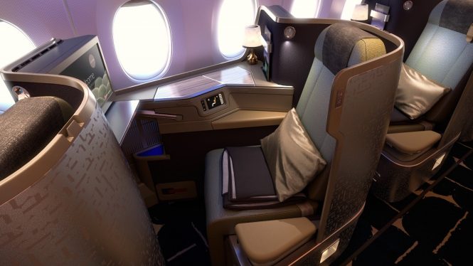 Business-class seats aboard a China Airlines Airbus A350.