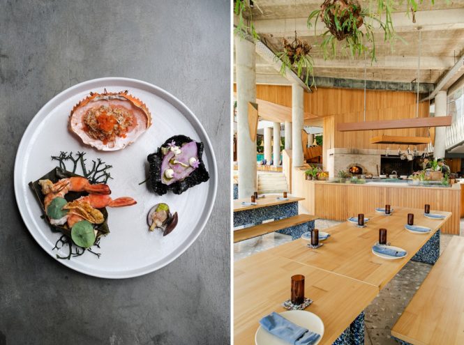 Left to right: Sustainable seafood at Ijen; the seating area and open kitchen at the same venue.