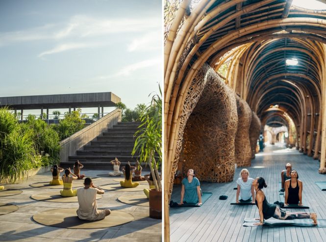 Left to right: Morning meditation at Sunset Park; a yoga session inside The Womb.