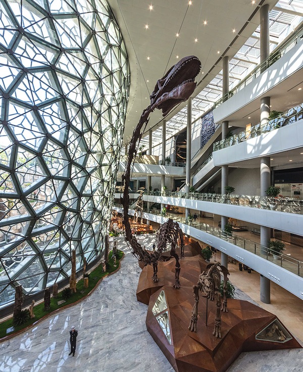 Dinosaur skeletons take pride of place in the central atrium, whose latticed facade references the cellular structure of plants and animals.