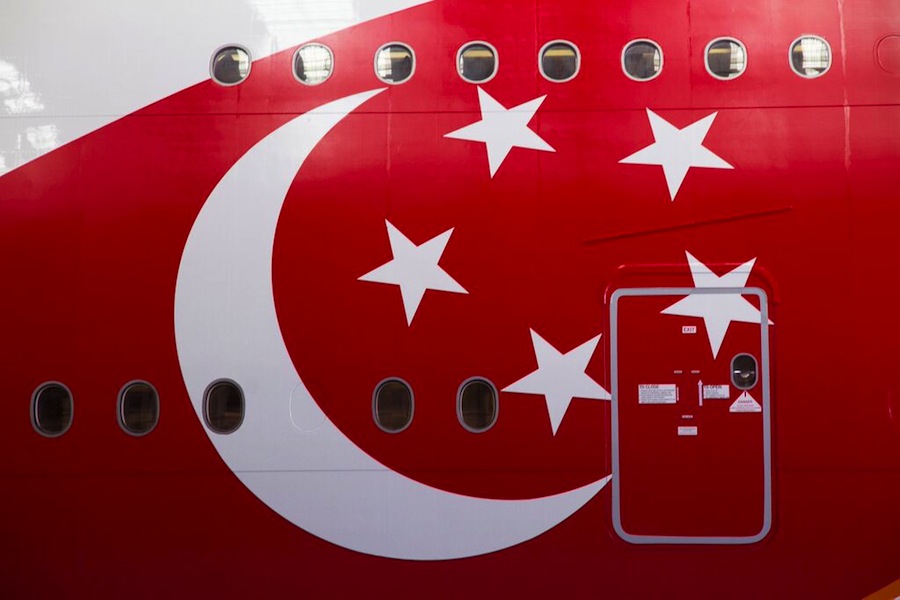 The new fuselage proudly displays Singapore's flag.