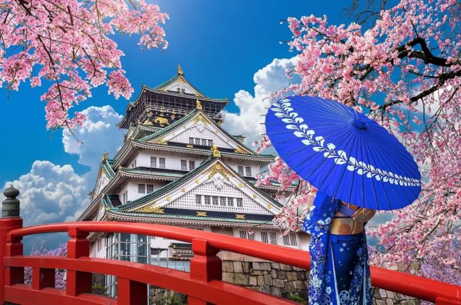 Osaka Castle during cherry blossom season.