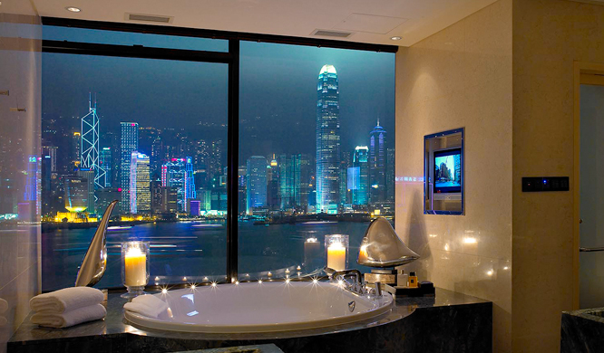 View from a jacuzzi at an InterContinental Hong Kong hotel suite.