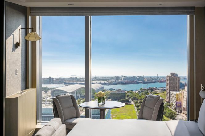 Some accommodations offer views of Kaohsiung harbor and the nearby exhibition center.