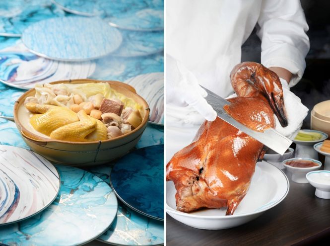 Left to right: Zhan Lu’s double-boiled chicken soup with wontons in a clay pot; roasted duck is a specialty at the same restaurant.