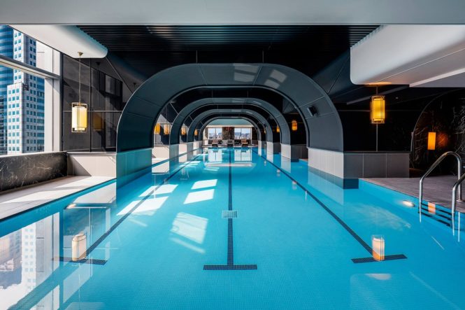 Looking down the length of the hotel’s indoor pool.