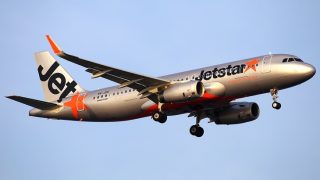 A Jetstar Asia aircraft coming in to land.