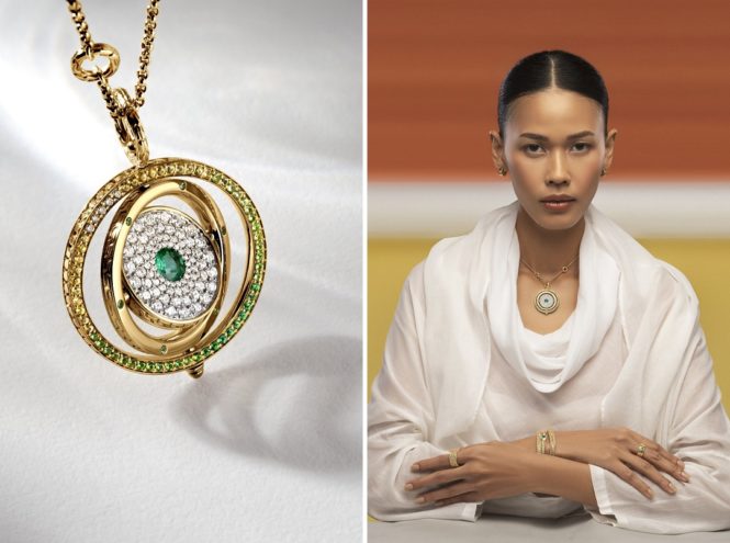 The distinctive spinning pendant of a Moon Door Pendant Necklace; a model wearing jewelry from The Golden Hour capsule collection.