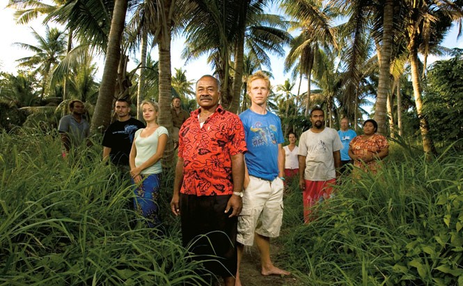 Island Chief Tui Mali and Ben Keene with members of the Tribewanted Village on Vorovoro