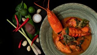 Gaeng lobster bai yeera, a southern Thai–style lobster curry, is a signature at Khum Hom.