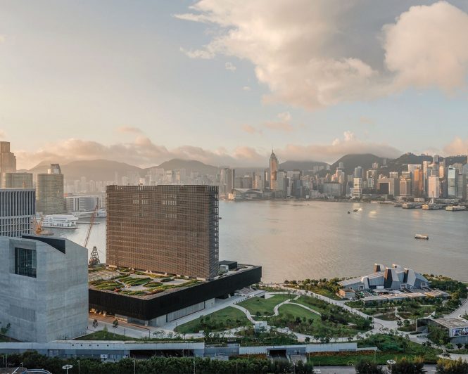 A rear view of M+ and the surrounding West Kowloon Cultural District. (Photo: Kevin Mak/Courtesy of Herzog & de Meuron)