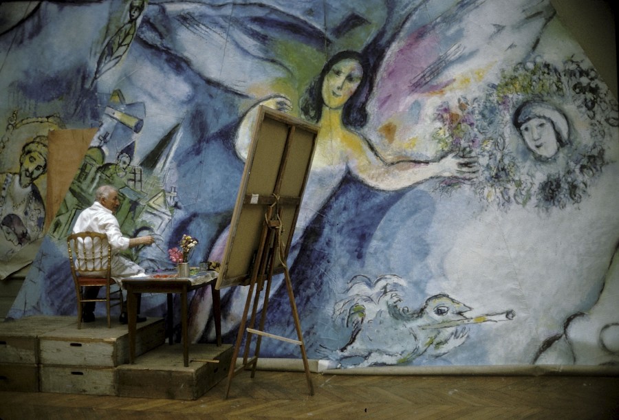 Marc Chagall painting the dome ceiling of the Palais Garnier in Paris. 