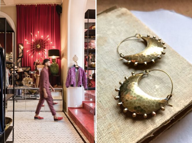 Left to right: Inside the El Fenn Boutique; Berber-inspired Hebba Crescent brass earrings by Hamimi.