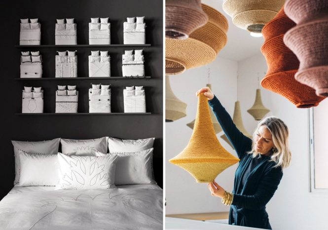 Left to right: Bed linens at V. Barkowski; Hamimi founder Rebecca Wilford with her brand’s signature crocheted lampshades.