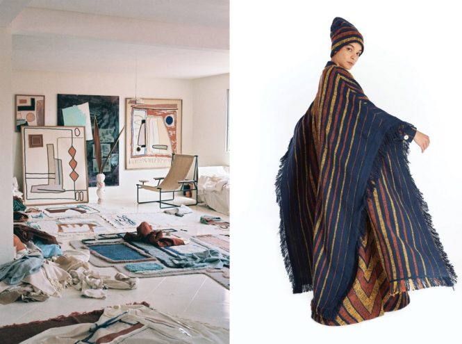 Left to right: The showroom at LRNCE; a shawl from Marrakshi Life.