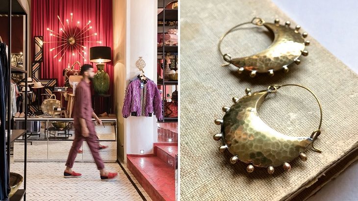 Left to right: Inside the El Fenn Boutique; Berber-inspired Hebba Crescent brass earrings by Hamimi.