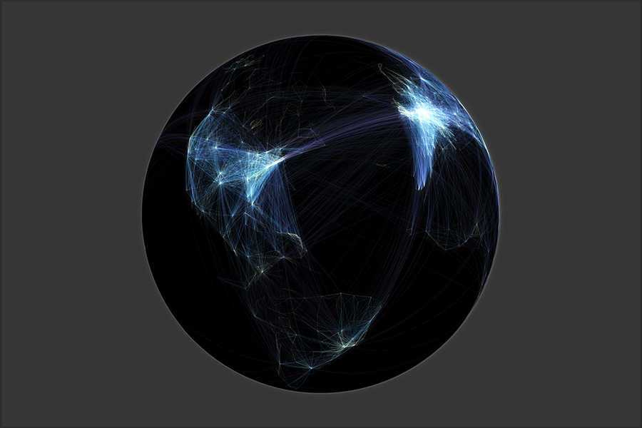 Visualisation of global flight path data - western hemisphere, mapped by Michael Markieta of Arup.