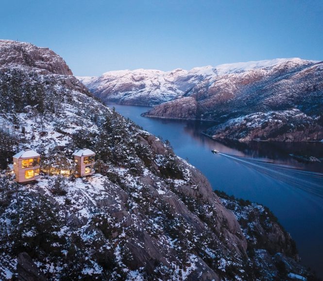 Two of The Bolder StarLodges on their perch high above Lysefjord.