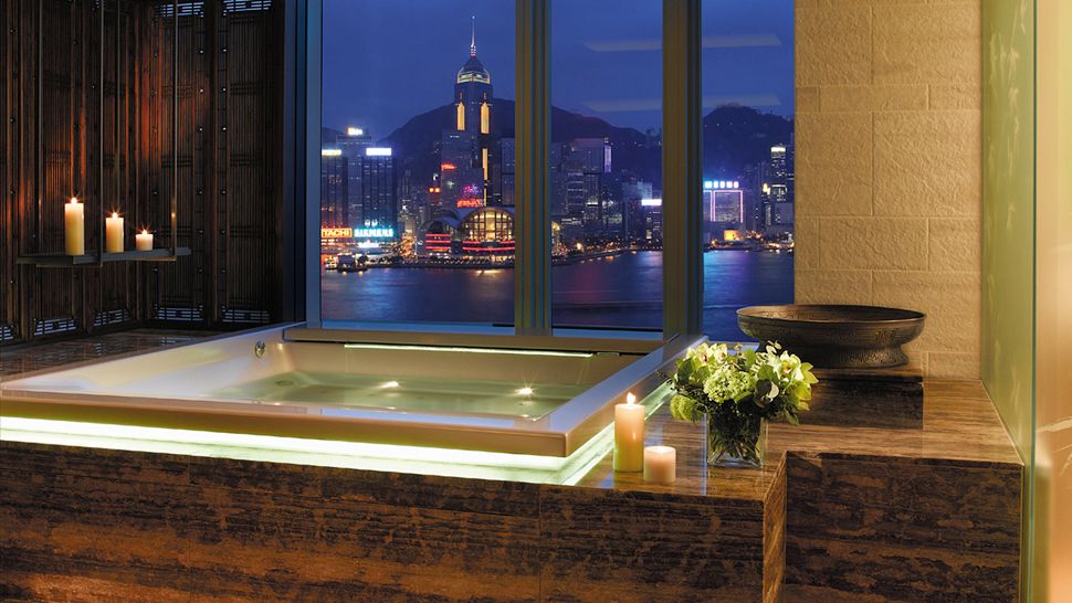 A harbor-view jacuzzi at the Peninsula Hong Kong hotel.