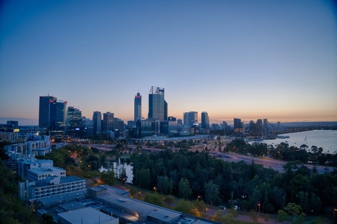 Dawn breaks over the CBD of Perth, Western Australia.