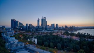 Dawn breaks over the CBD of Perth, Western Australia.