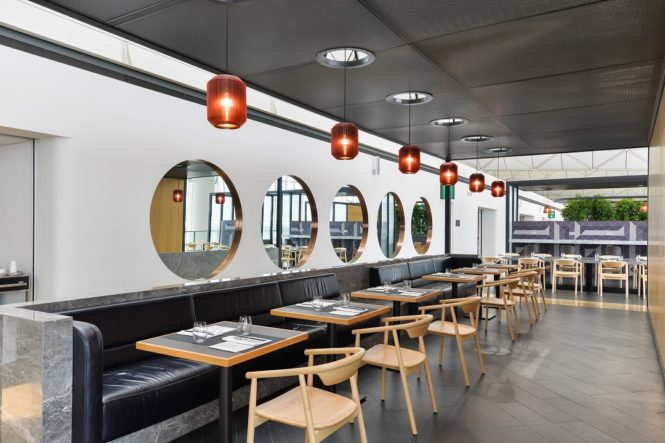 Banquette seating at the dining area of the lounge.