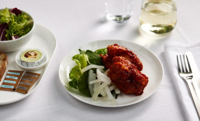 Korean fried Bannockburn chicken with pickled radish will be offered in international business class.