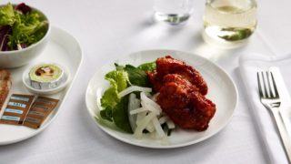 Korean fried Bannockburn chicken with pickled radish, served in Qantas international business class.