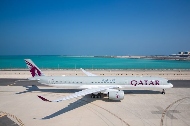 A Qatar Airways Airbus A350-1000 at Doha’s Hamad International Airport.