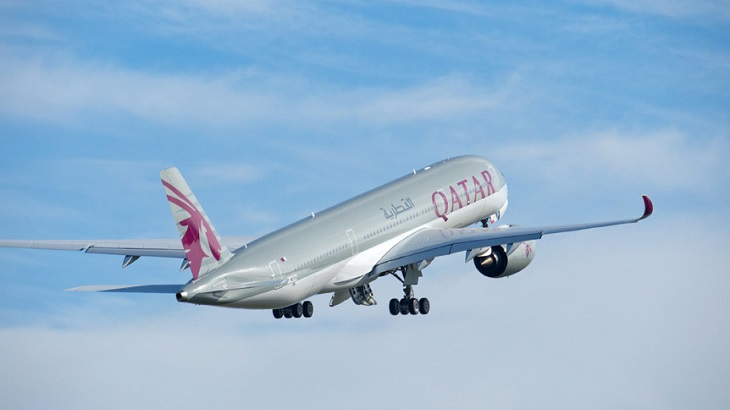 A Qatar Airways Airbus A350 aircraft takes off from Doha's Hamad International Airport.