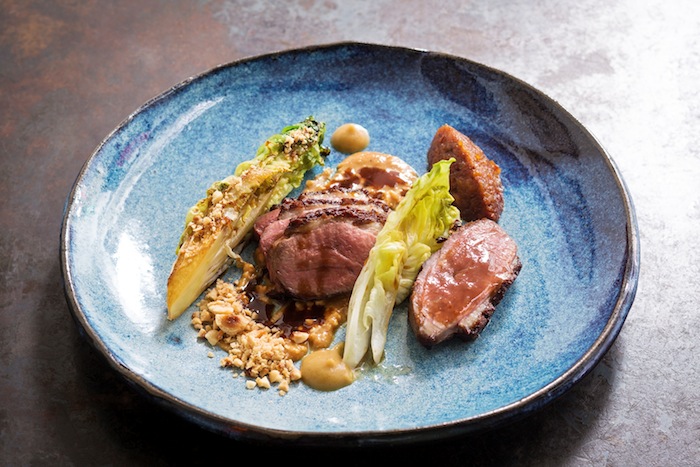 Roasted Landes duck breast with hazelnut pralines of the Land menu.