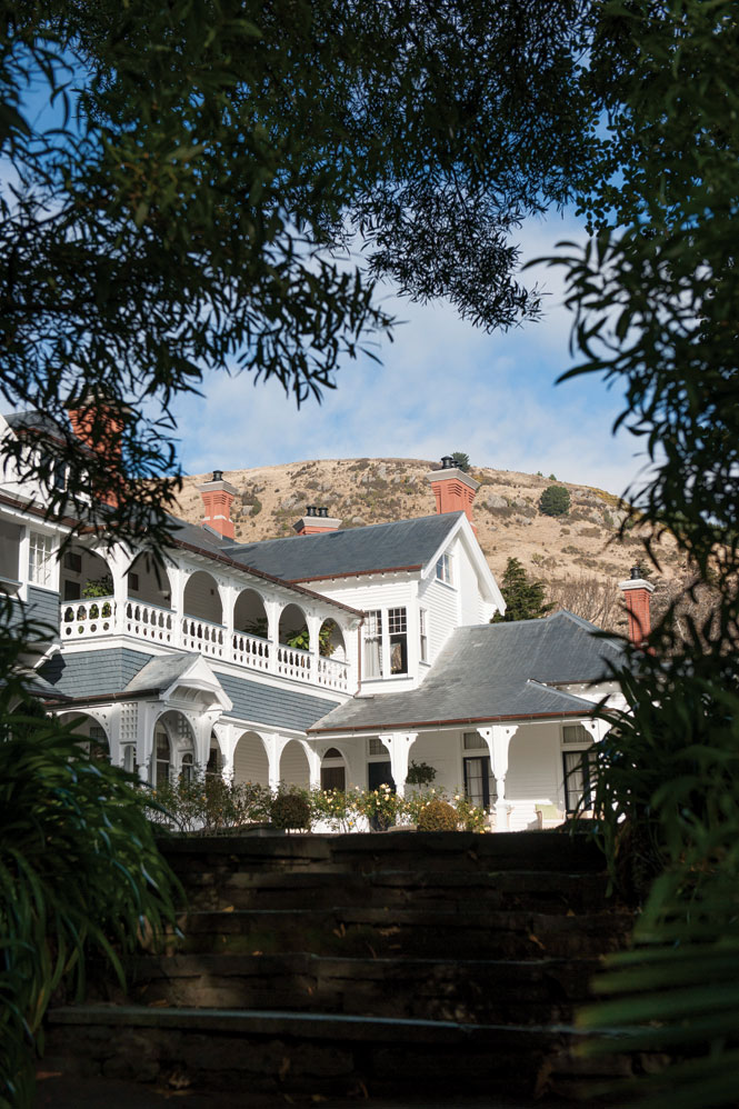 A view of Otahuna Lodge from the surrounding gardens.