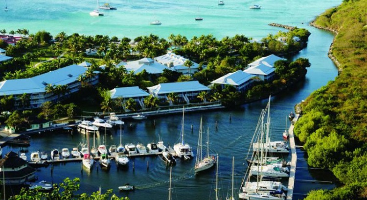 A view over the marina and grounds of the Radisson Blu Resort at Anse Marcel.
