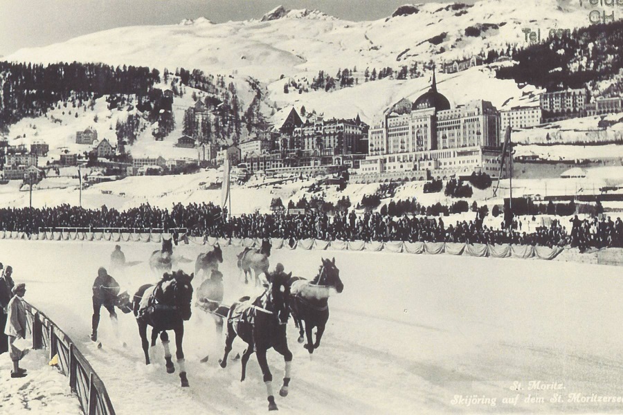 Skijoring, a winter sport where the skiers are pulled along by horses.
