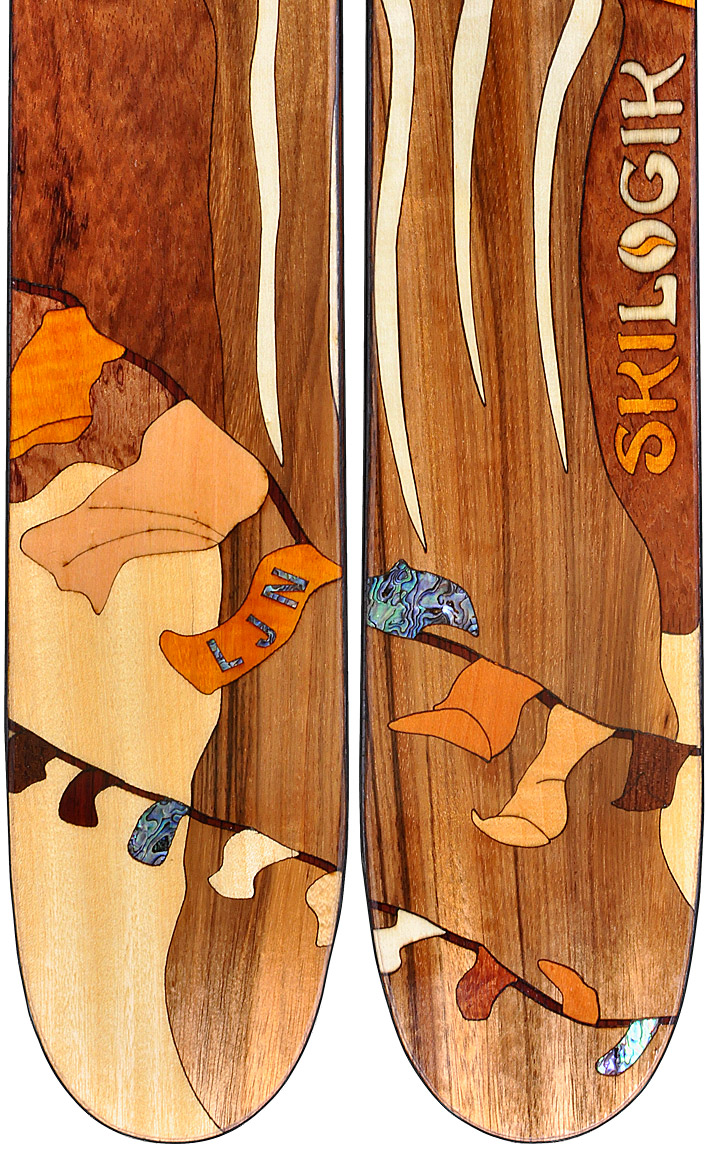 The Skilogik custom designs are created from wood veneers and mother-of-pearl, all inlaid by hand.