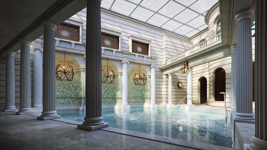 The three thermal pools in the spa are set apart from one another by Romanesque pillars.