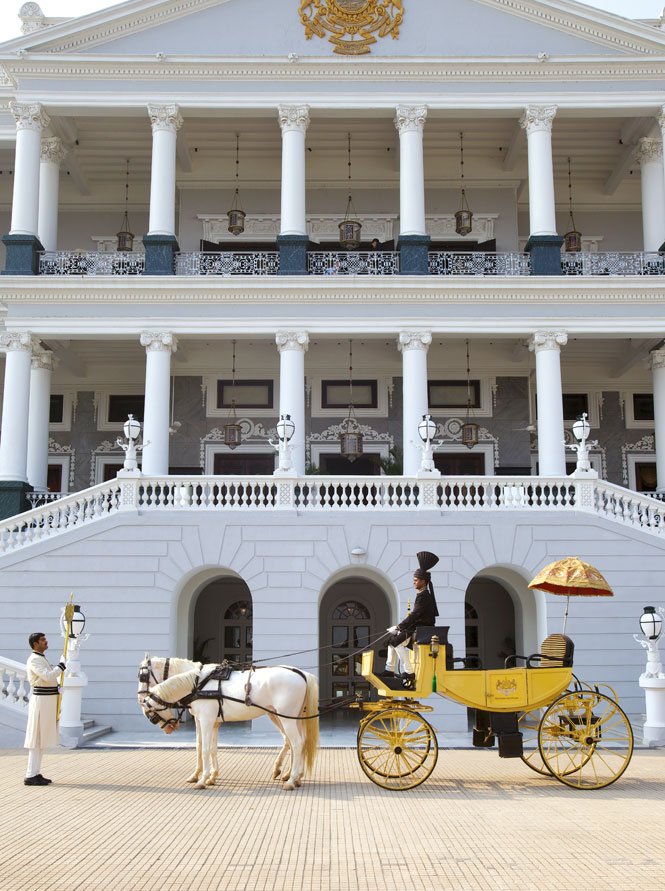 A horse-drawn carriage at  The Taj Falaknuma Palace.