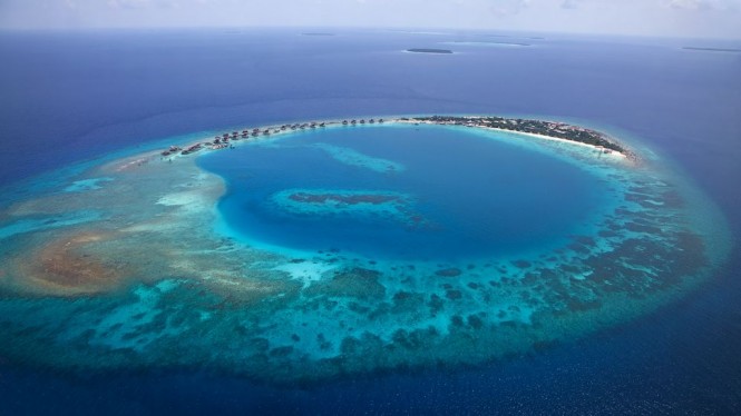An aerial shot of the Maldives.