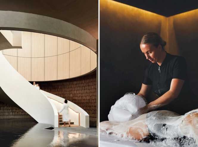 Left to right: A spiral staircase leads to the treatment rooms at Alba Thermal Springs & Spa; a hammam treatment at Alba.