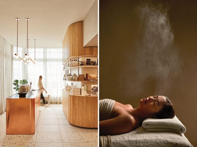 Left to right: The shop at Aurora Spa & Bathhouse; an Aurora spa treatment utilizes a hydrating facial mist.