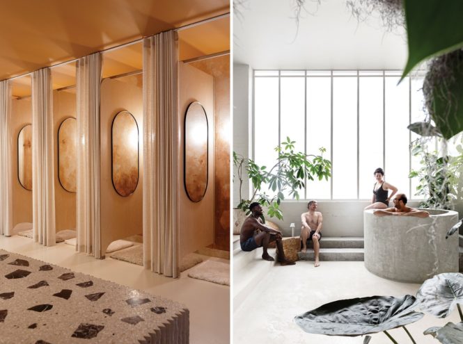 Changing rooms and a cold plunge pool in the bathhouse at Sense Of Self, which occupies a former warehouse on the edge of Melbourne’s Collingwood area.