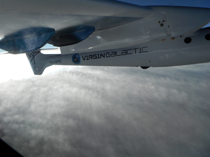 WhiteKnightTwo spacecraeft during its 100th test flight. Photo by Scott Glasser, courtesy of Virgin Galactic